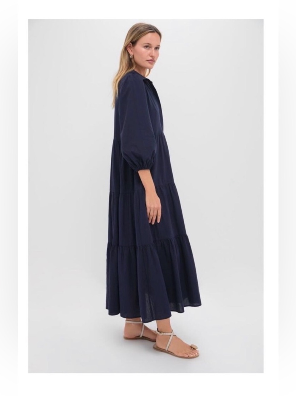 Pomander Place Tiered Mabel Maxi Dress 3/4 Sleeve Casual Shirt Dress Navy Small